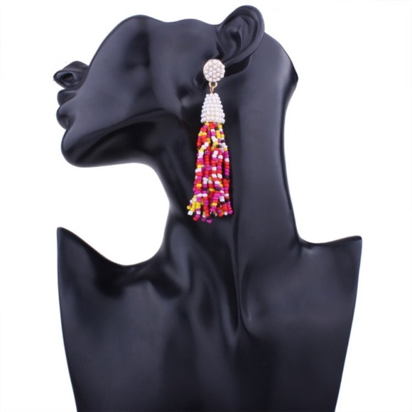 Yellow and Pink Beaded Tassel Earrings - Picture 2 of 2